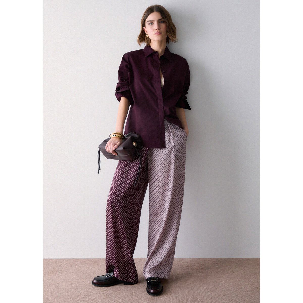 Chemise avec insert en satin jacquard aubergine, LIU JO