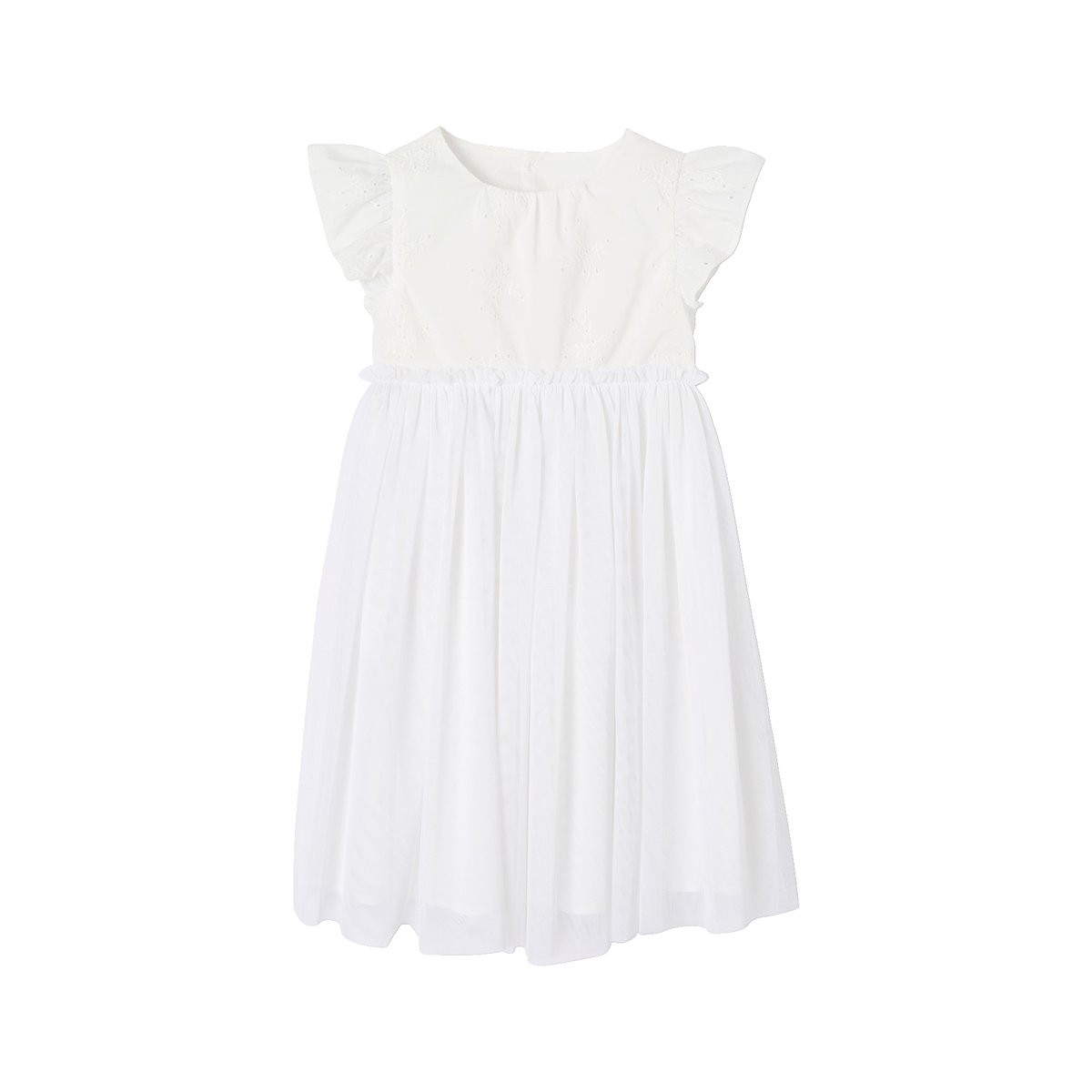Robe cérémonie bi-matière en broderie anglaise et tulle blanc, VERTBAUDET