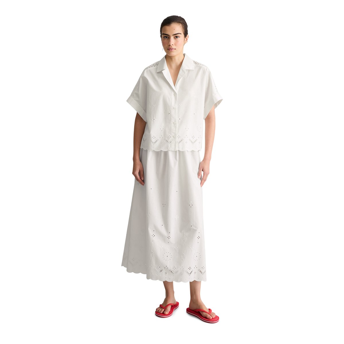 Chemisier en dentelle à manches courtes relaxed avec Broderie Anglaise blanc, MARC O’POLO DENIM