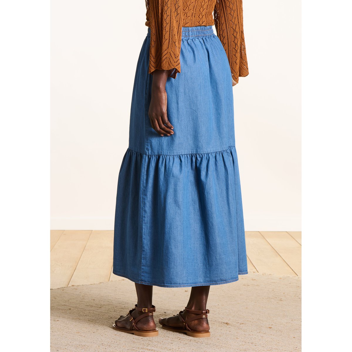 Jupe midi à volants en jean souple medium, LA FEE MARABOUTEE