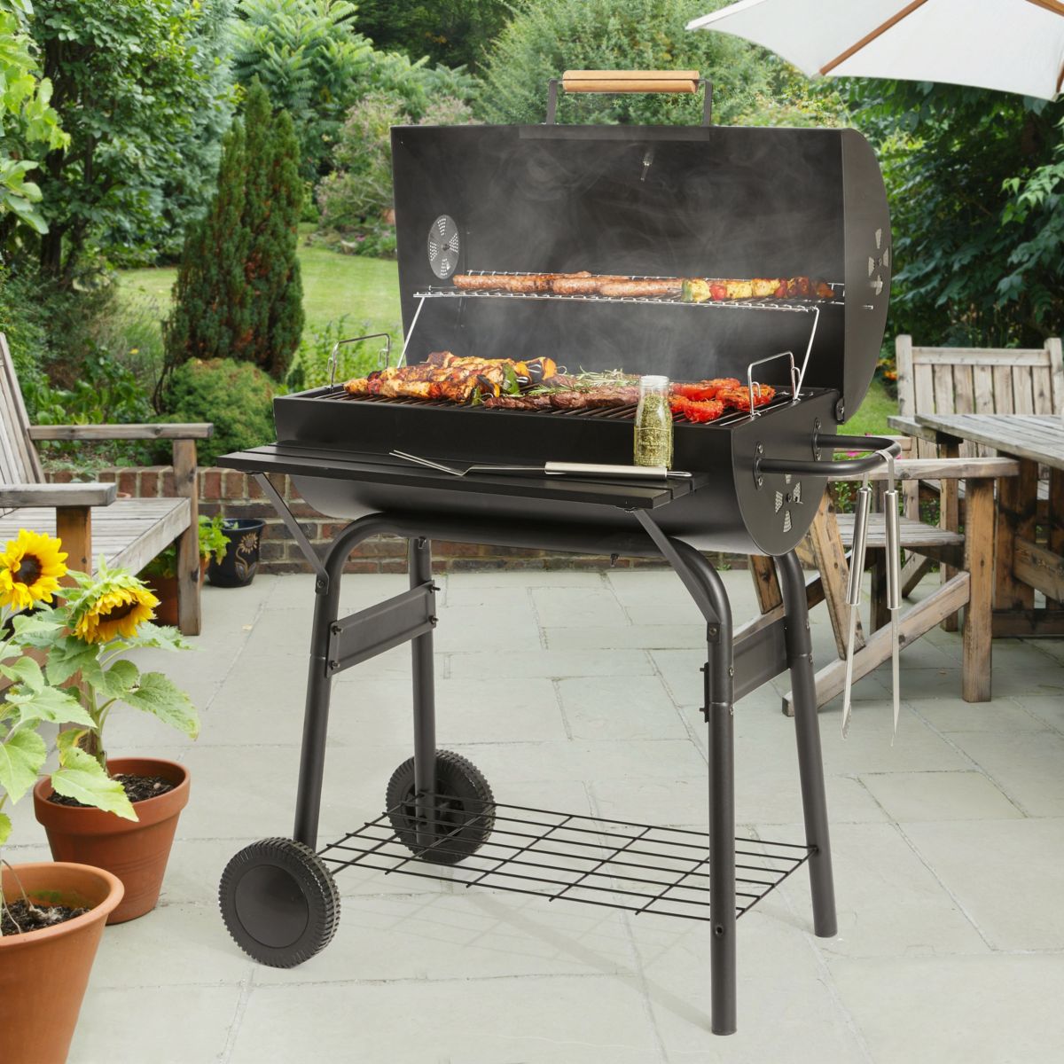 Barbecue charbon EBCA1 noir sur chariot, 62x35 cm noir, ESSENTIEL B