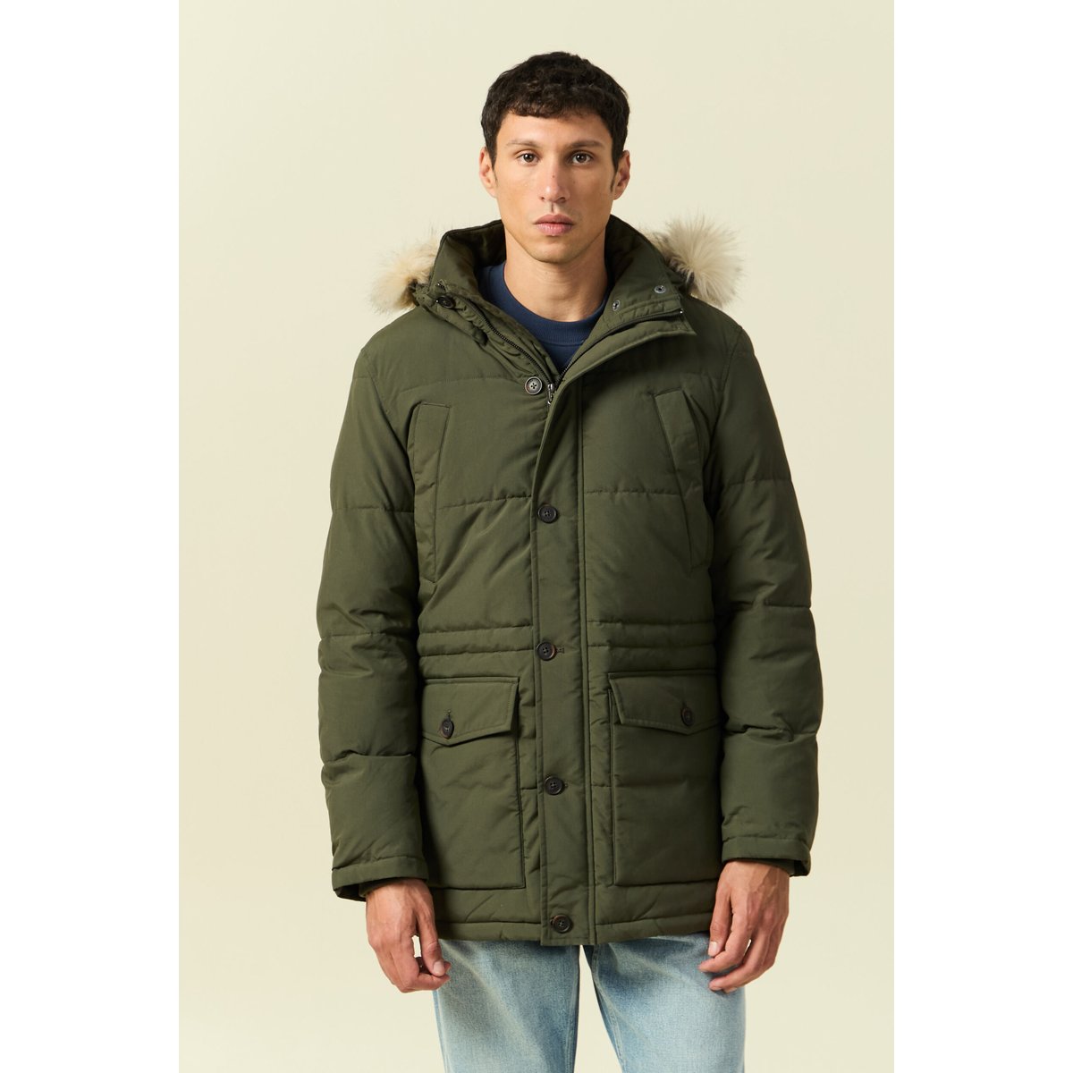 Parka longue droite à capuche vert kaki, BONOBO