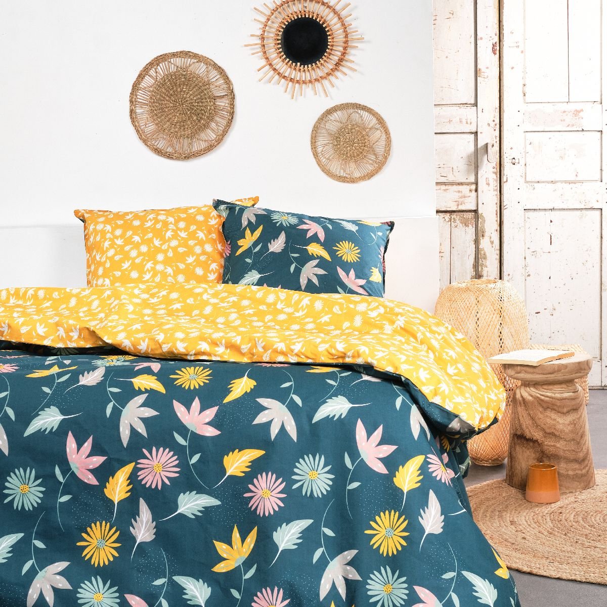 Parure de lit imprimé Floral coton SUNSHINE PAOLA jaune, TODAY