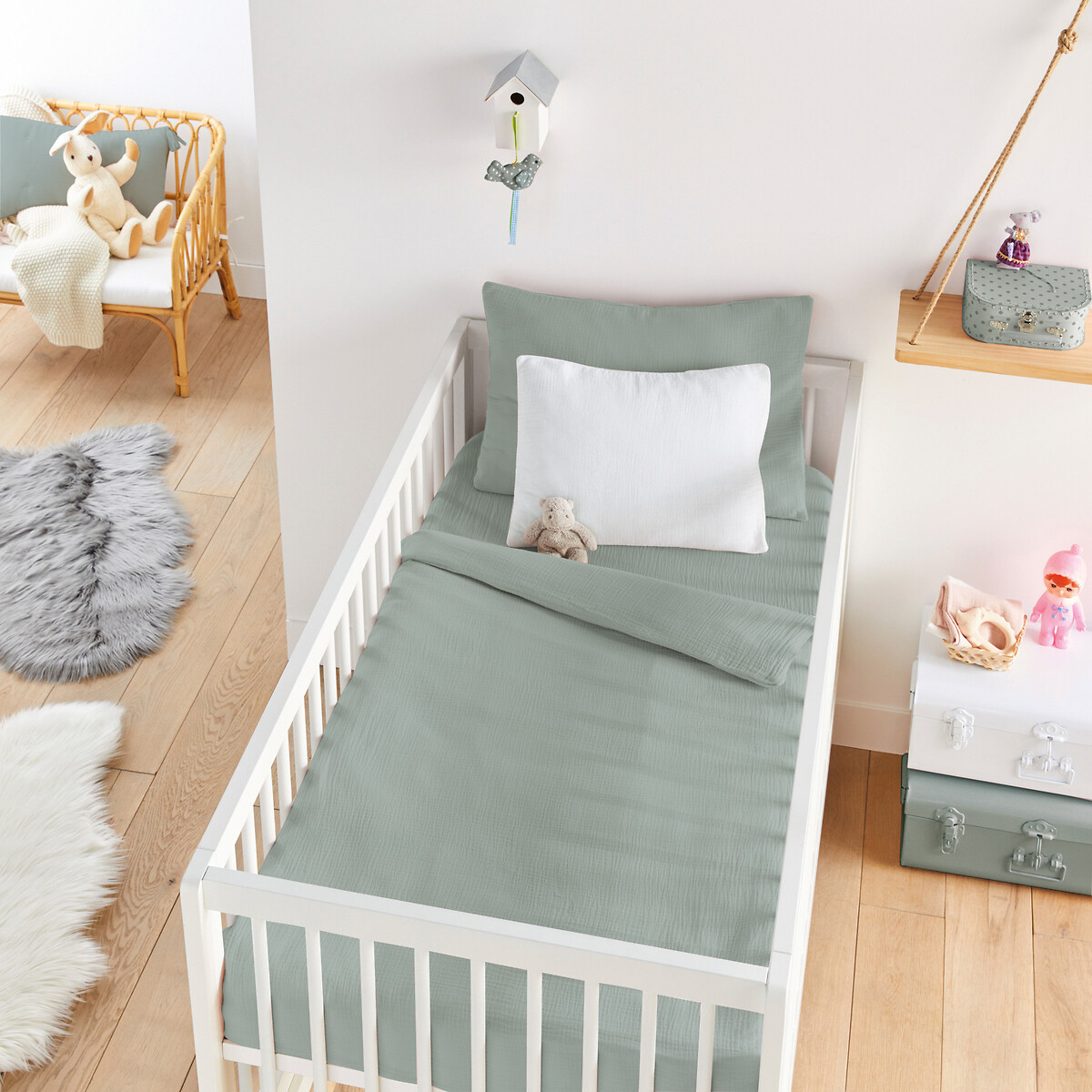 Drap-housse bébé gaze de coton uni, Kumla vert de gris, LA REDOUTE INTERIEURS