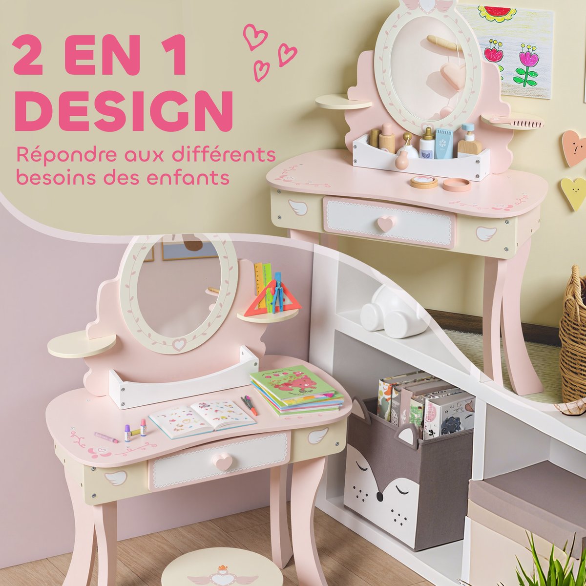Ensemble de jeu « Coiffeuse pour enfants » rose avec motif cœur et ailes, AIYAPLAY