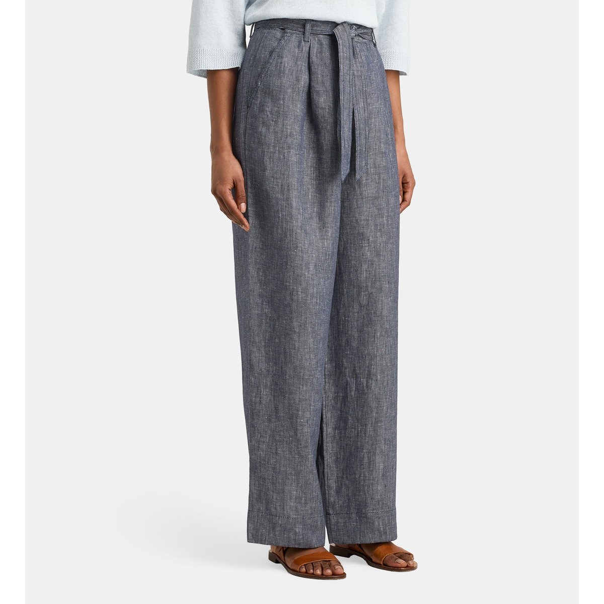Pantalon large linen ceinture lin bleu marine, JODHPUR
