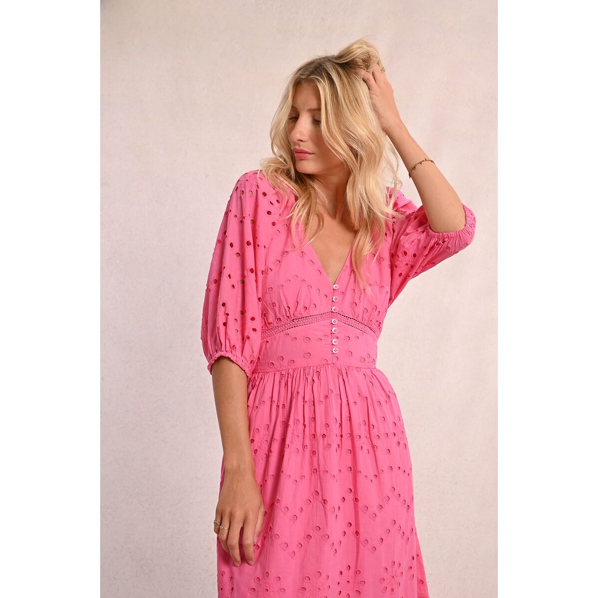 Embroidered Long Dress with Short Sleeves pink, MOLLY BRACKEN