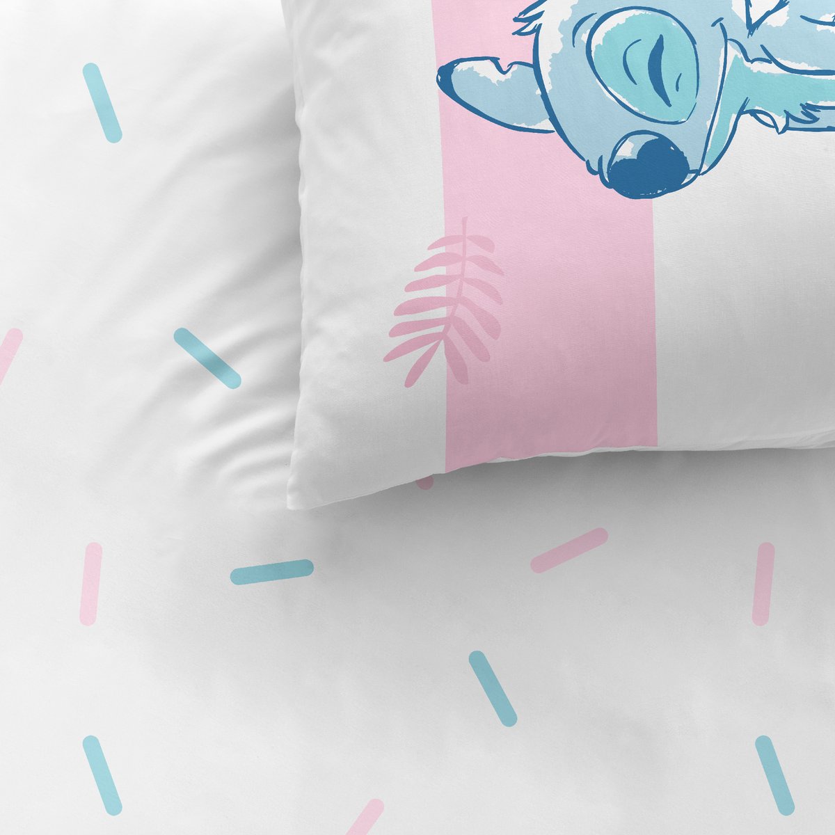 Parure de lit imprimée + drap housse 100% coton, STRIPE blanc, rose, DISNEY STITCH 