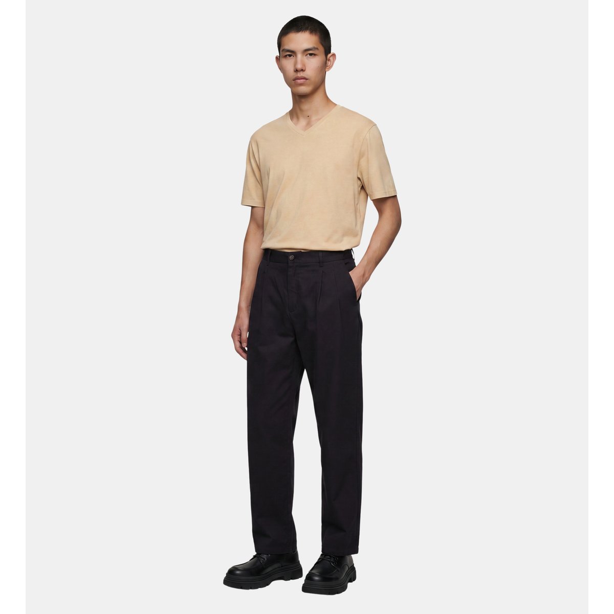 Pantalon ridouble ample à plis doubles en coton noir, GALERIES LAFAYETTE