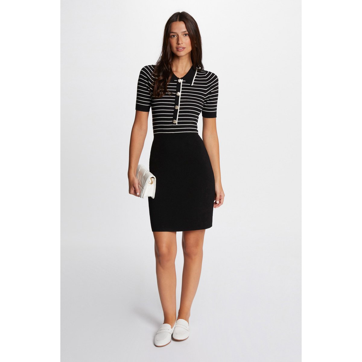 Robe tricot courte rayée noir, MORGAN