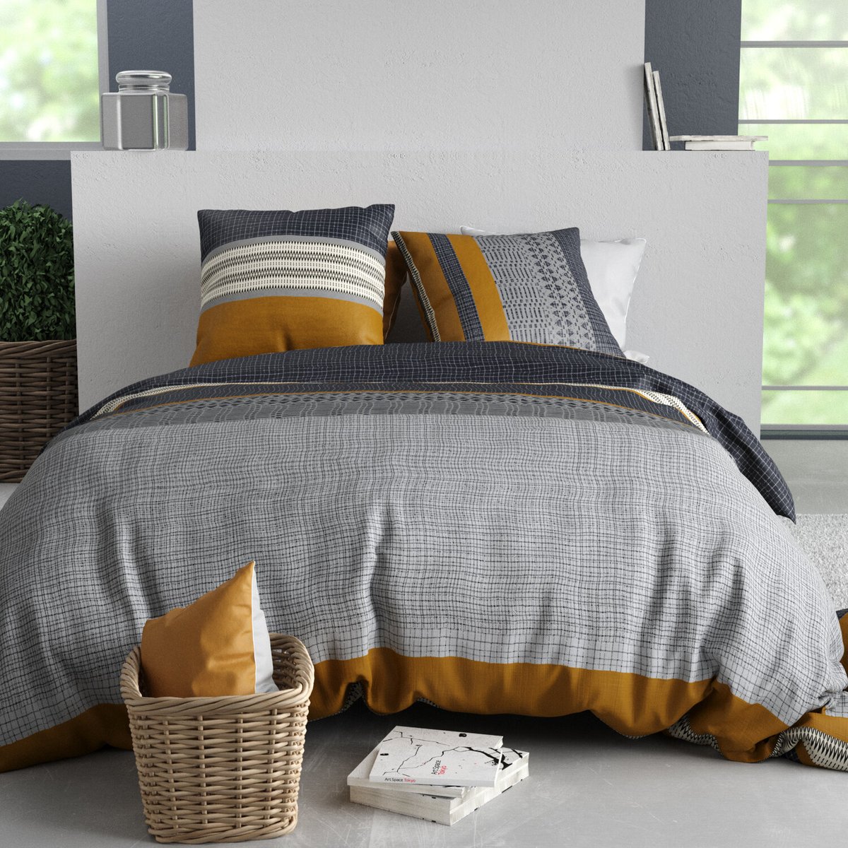 Parure housse de couette en coton imprimée, Elka gris, ATELIER DU COTON