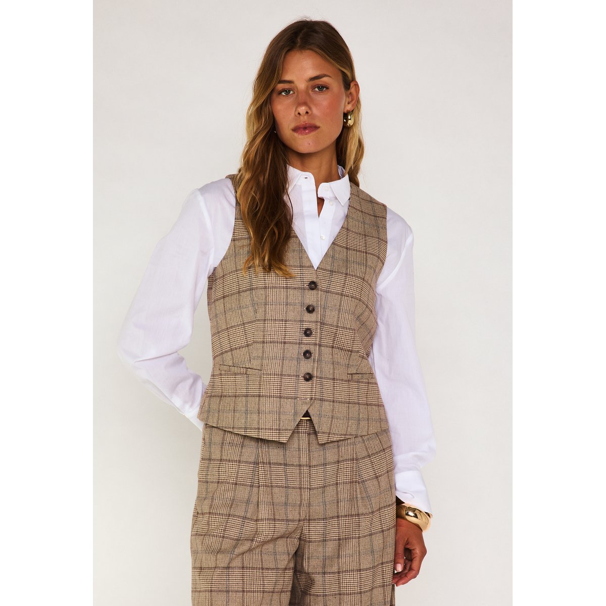 Gilet sans manches motif Prince de Galles SIMEON camel clair, Maison 123
