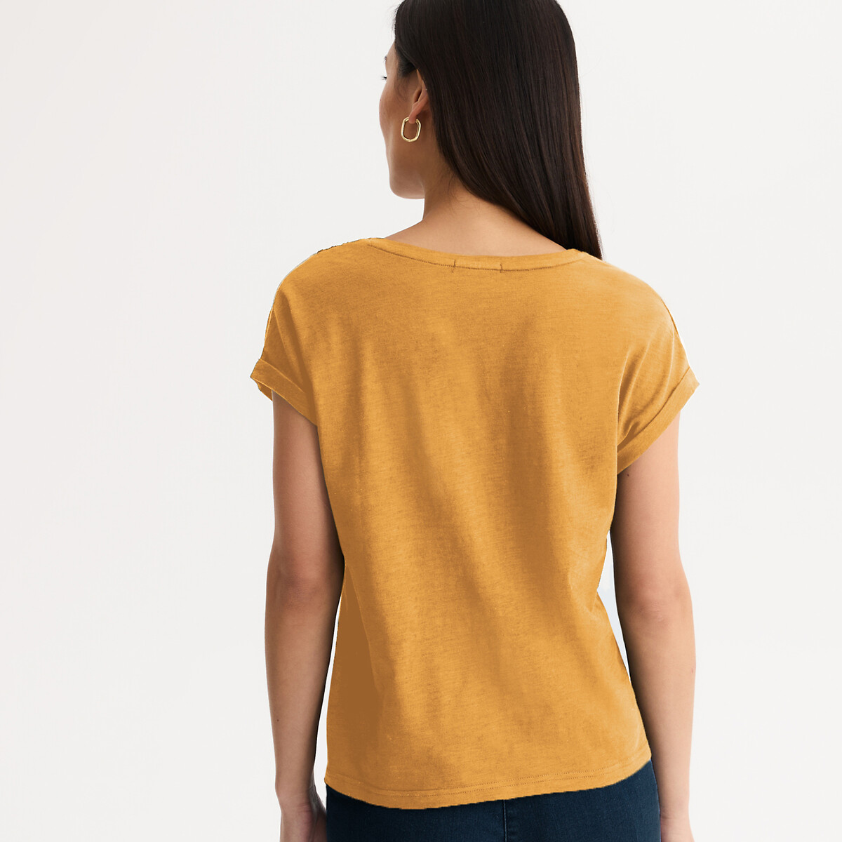 T-shirt col V, manches courtes, détail macramé bronze, ANNE WEYBURN