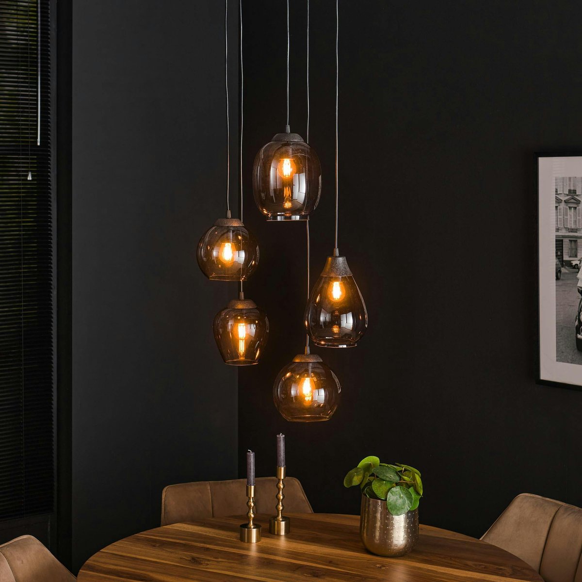 Suspension en verre chromé verticale avec ens. 5 abat-jour NOVA anthracite, PIER IMPORT