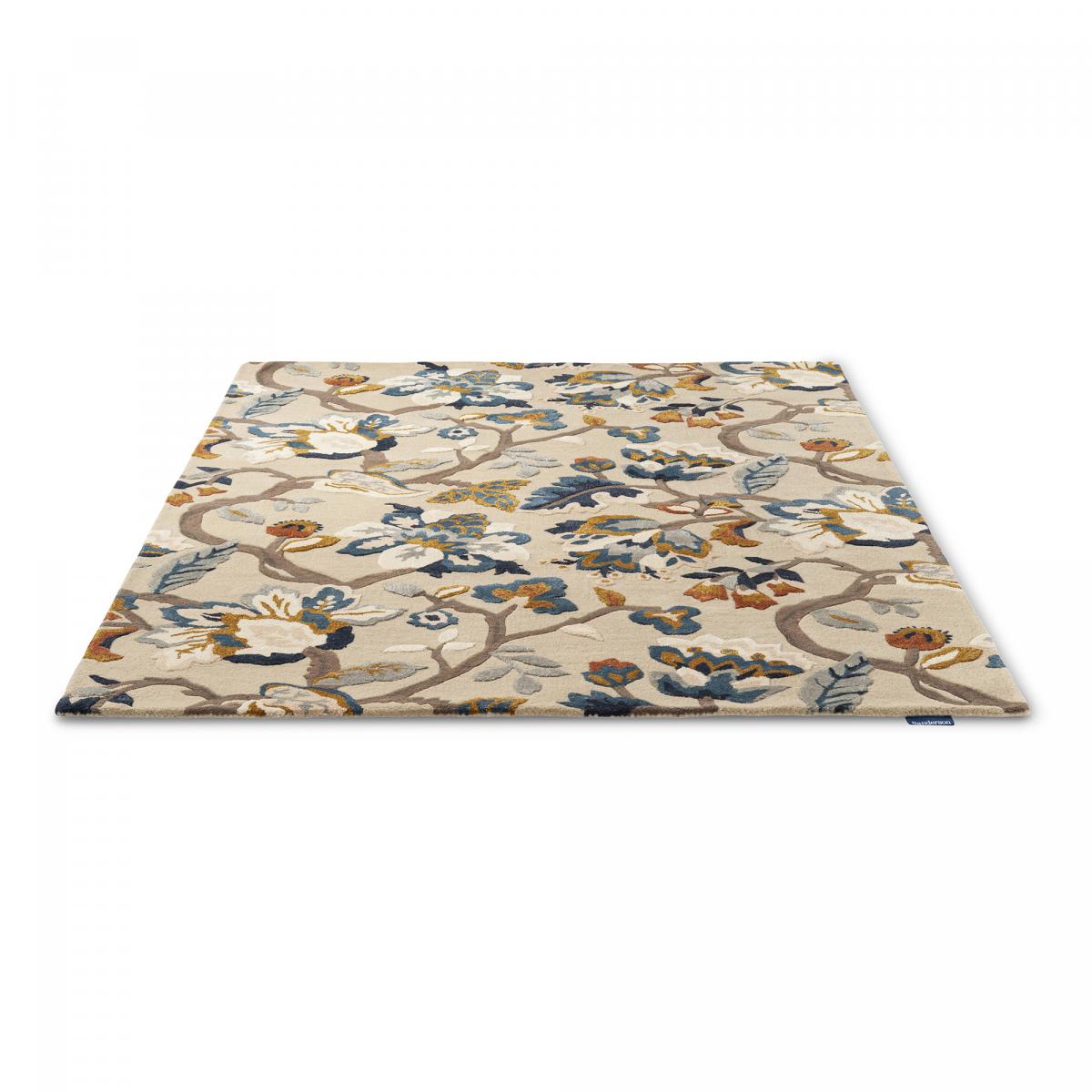 Tapis salon et chambre fait à la main en laine motif floral AMANPIRI beige, bleu, UN AMOUR DE TAPIS