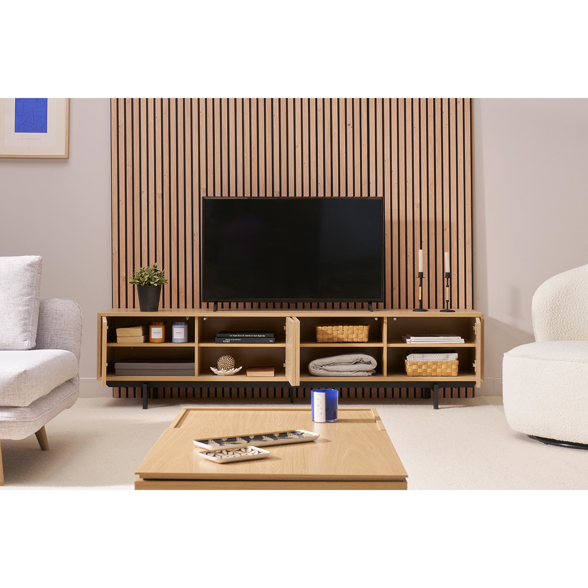 Meuble TV vintage bois foncé noyer et métal noir L200 cm MANNY chêne clair, MILIBOO