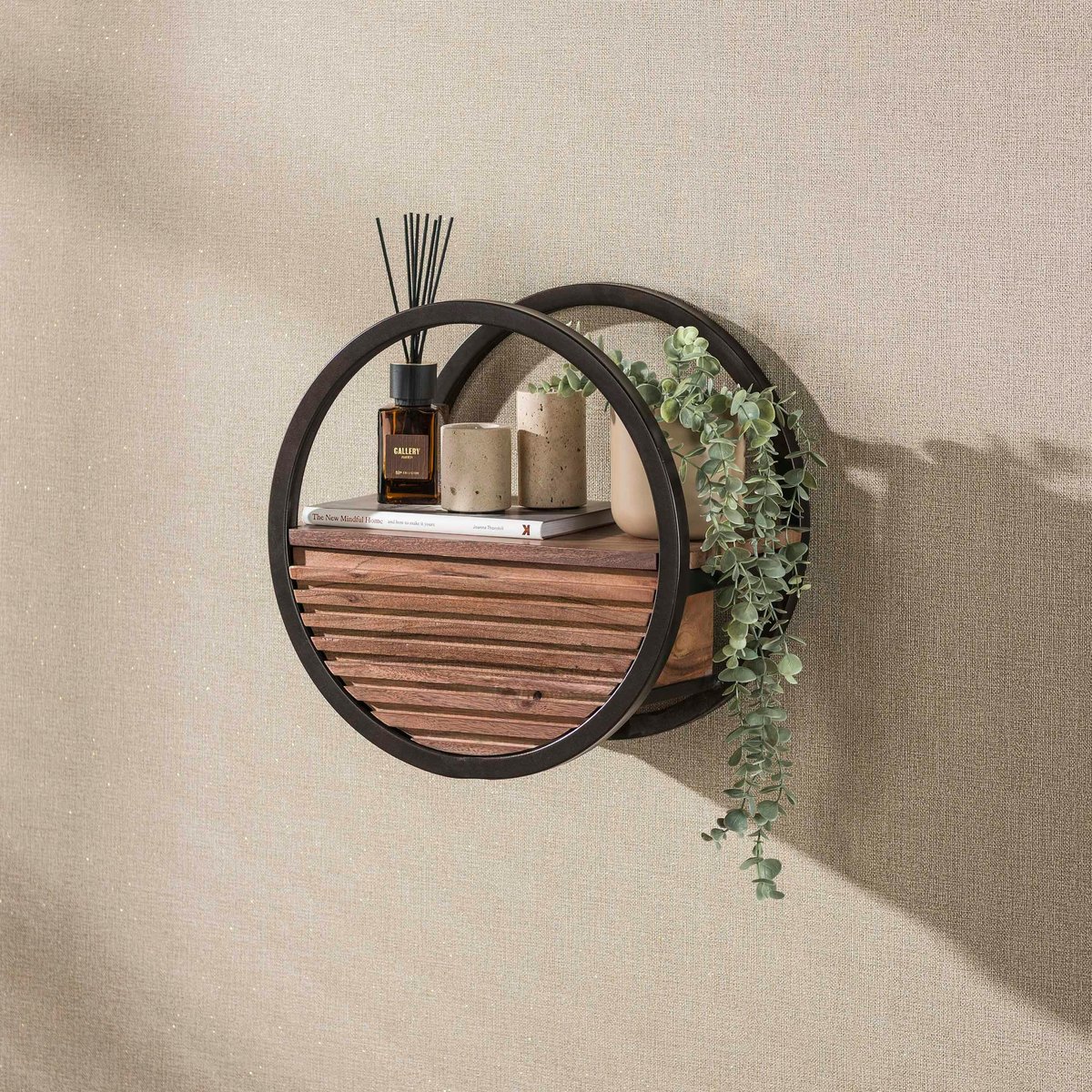 Etagère murale ronde bois d'acacia foncé 1 tiroir Ø40 cm NAKO marron, PIER IMPORT
