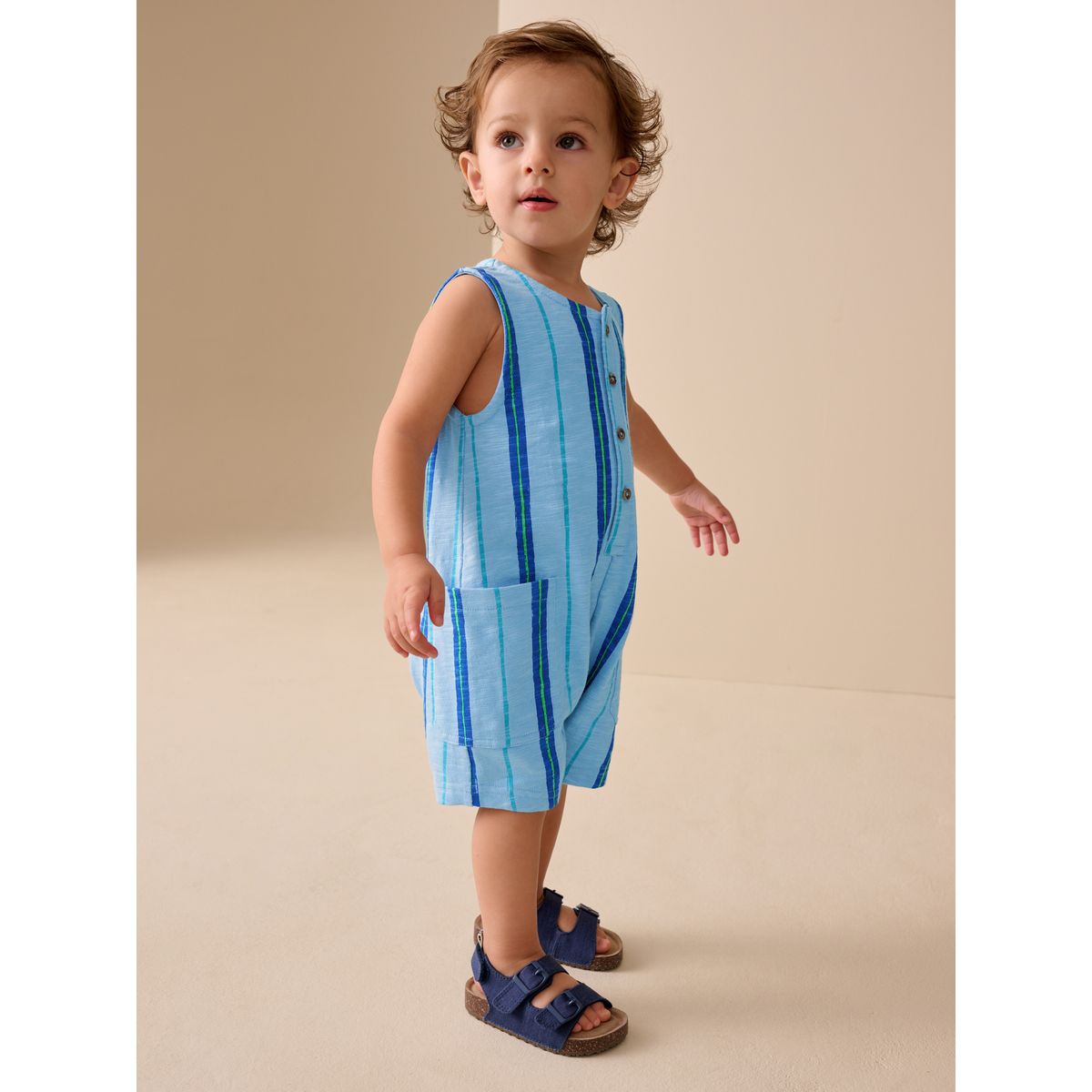 Barboteuse texturée en coton rayé bleu, NEXT