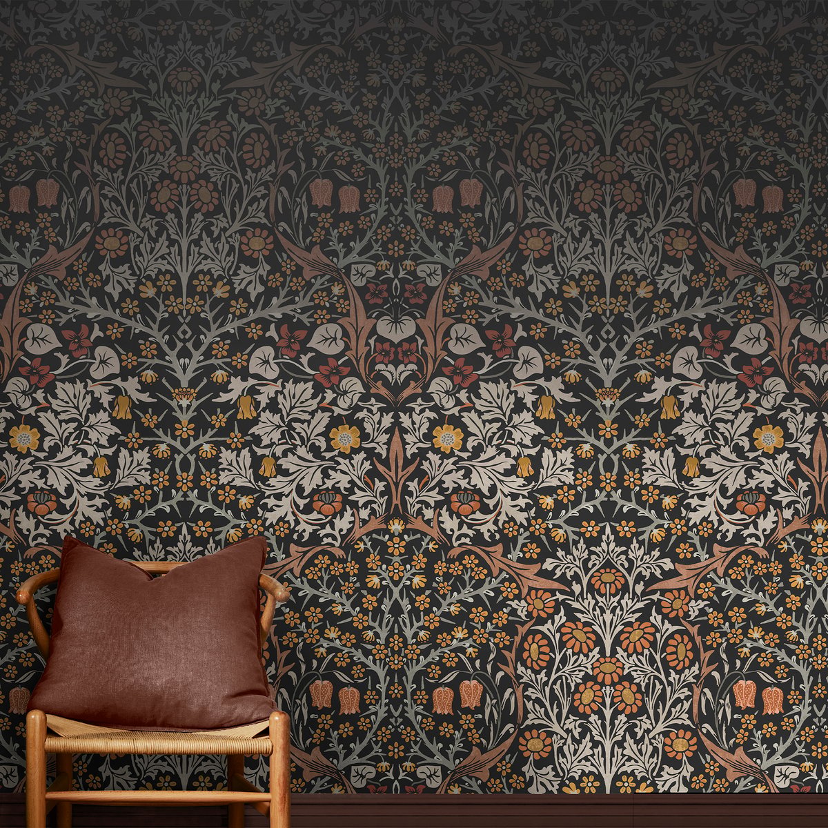 Papier peint panoramique Fleurs de prunellier d'un soir d'été gris, orange safran, WILLIAM MORRIS AT HOME