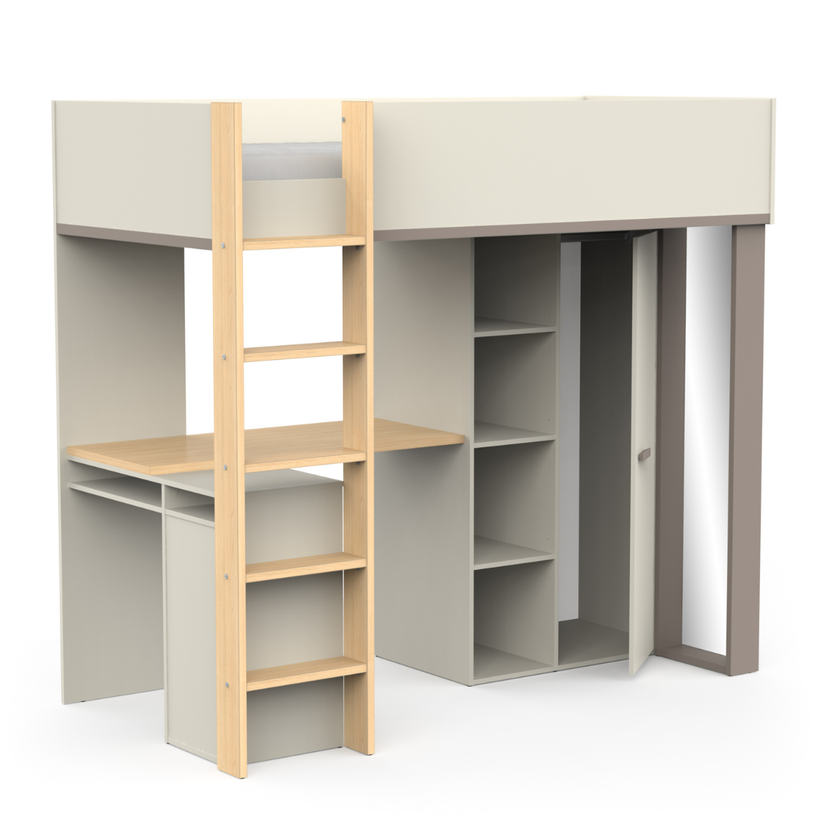 Lit mezzanine avec bureau et armoire H183 cm - CAMILLIA argile / gris / chêne, CALICOSY