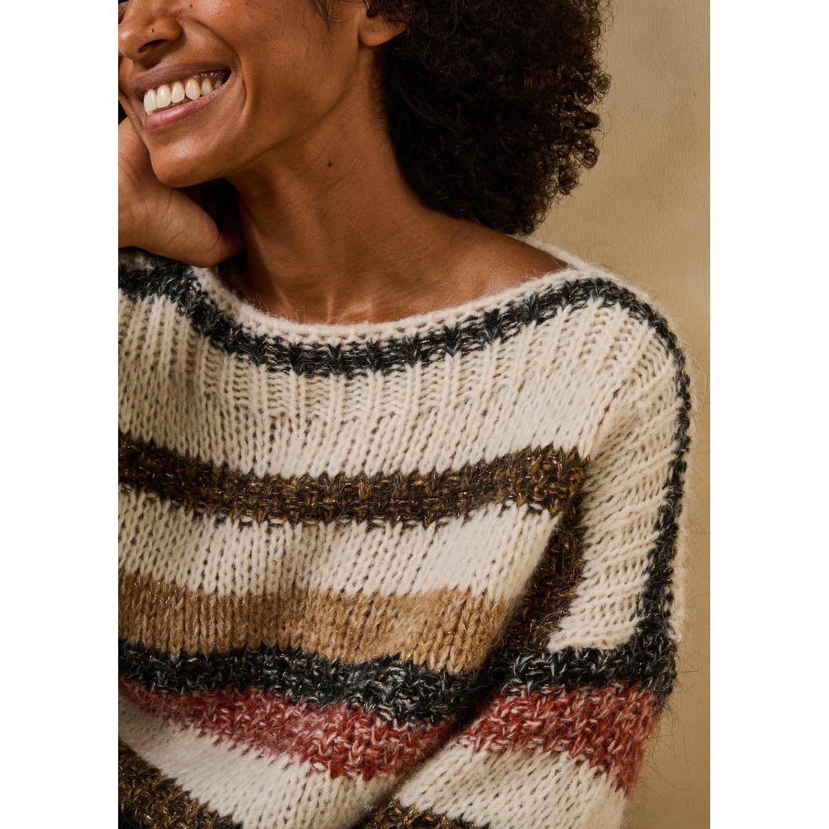 Pull rayé écru et beige ample manches longues ecru/chanvre, LA FEE MARABOUTEE