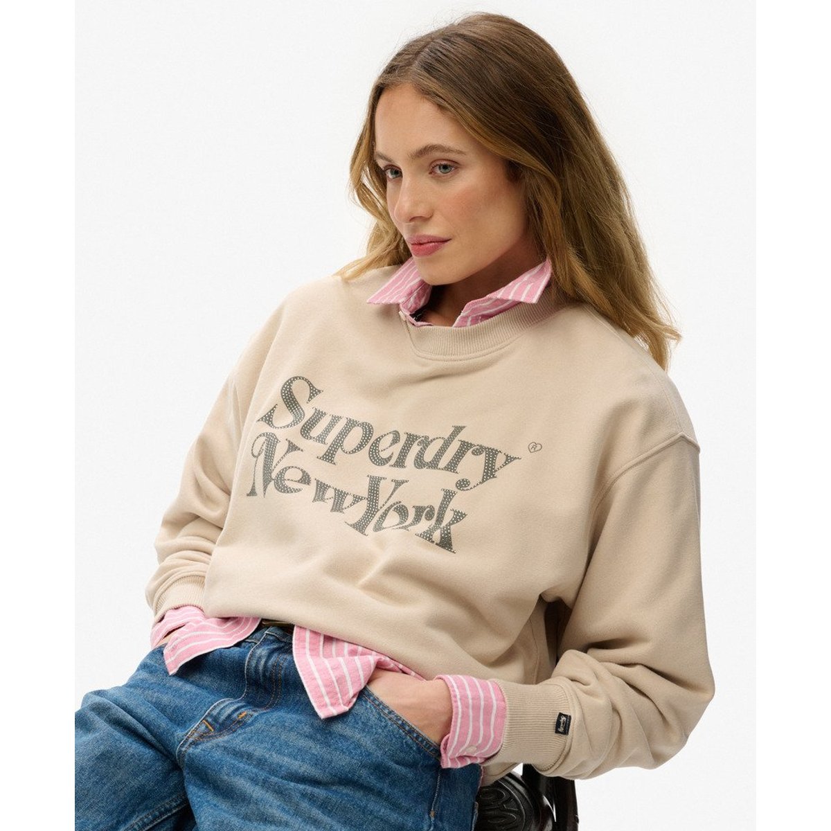 Sweatshirt Ample Col Rond Brand Mark gris cassé, SUPERDRY