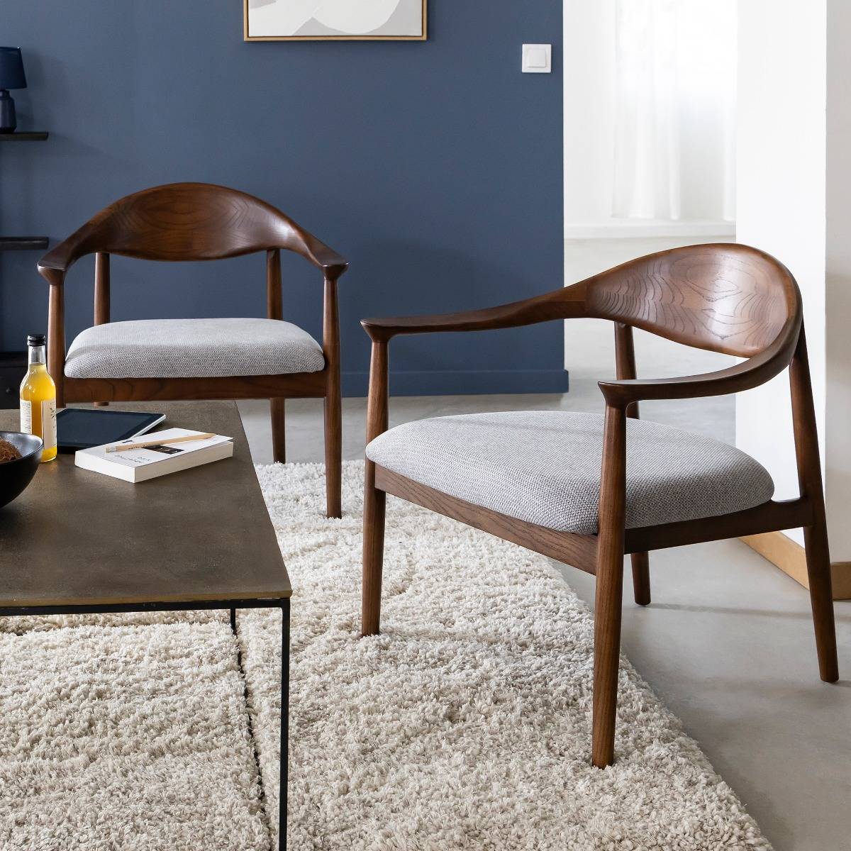 Fauteuil en bois d'orme et tissu ORPHÉE bois foncé, MADE IN MEUBLES 
