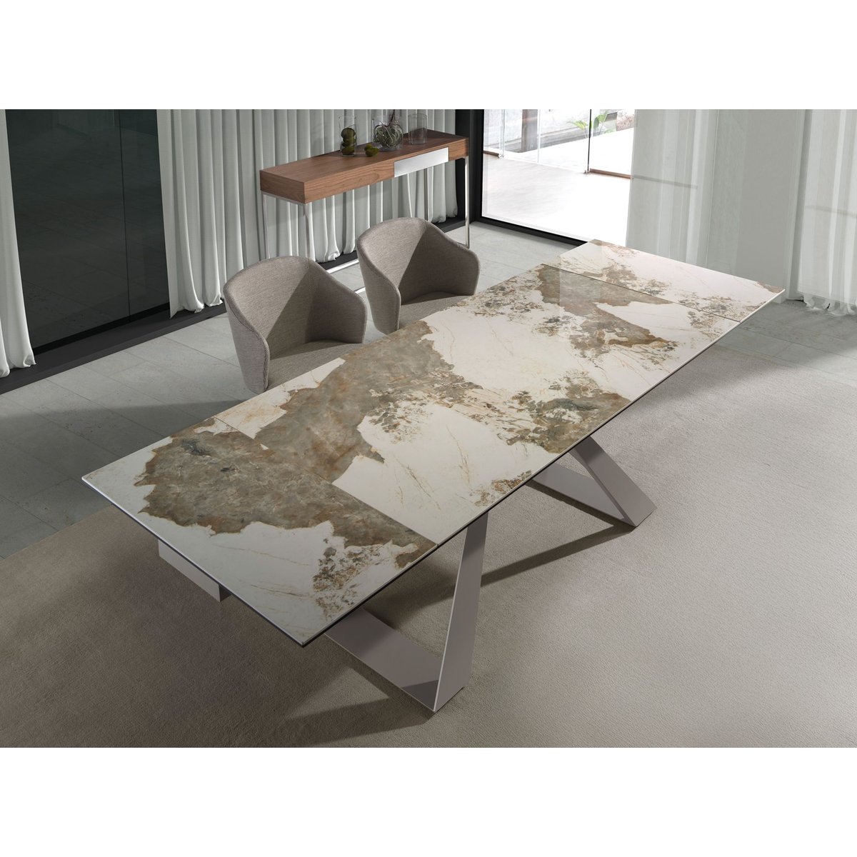 Table à manger marbre et acier effet noyer blanc | gris taupe, ANGEL CERDA