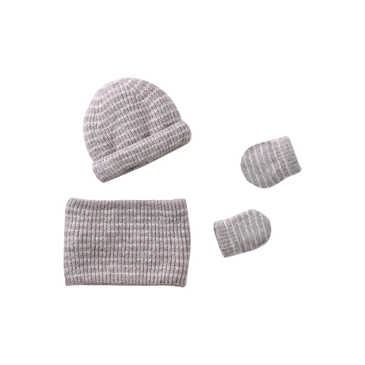 Ensemble bonnet, snood et moufles taupe, VERTBAUDET