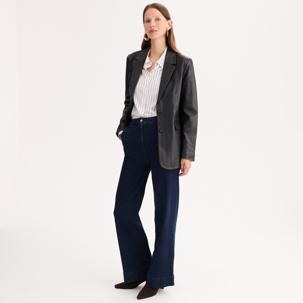 Blazer coupe droite, en cuir d'agneau noir, ANNE WEYBURN