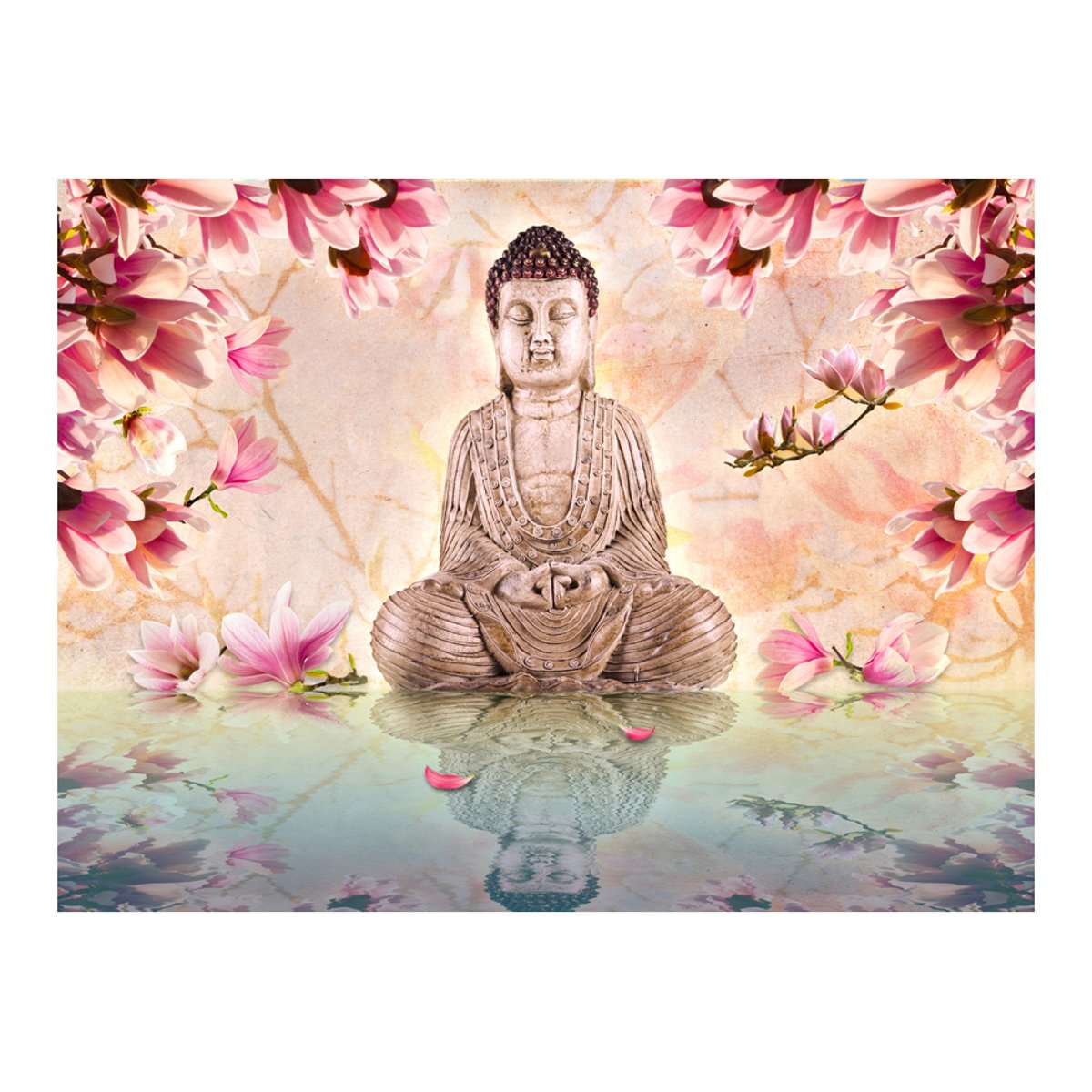 Papier peint intissé panoramique Orient Bouddha et magnolia gris / argent, EDEN