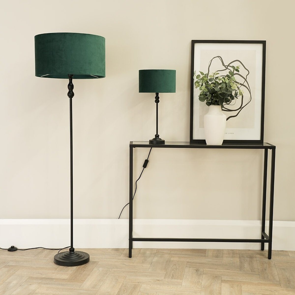 Maude Metal Candlestick Floor Lamp with Velvet Shade green, SO'HOME
