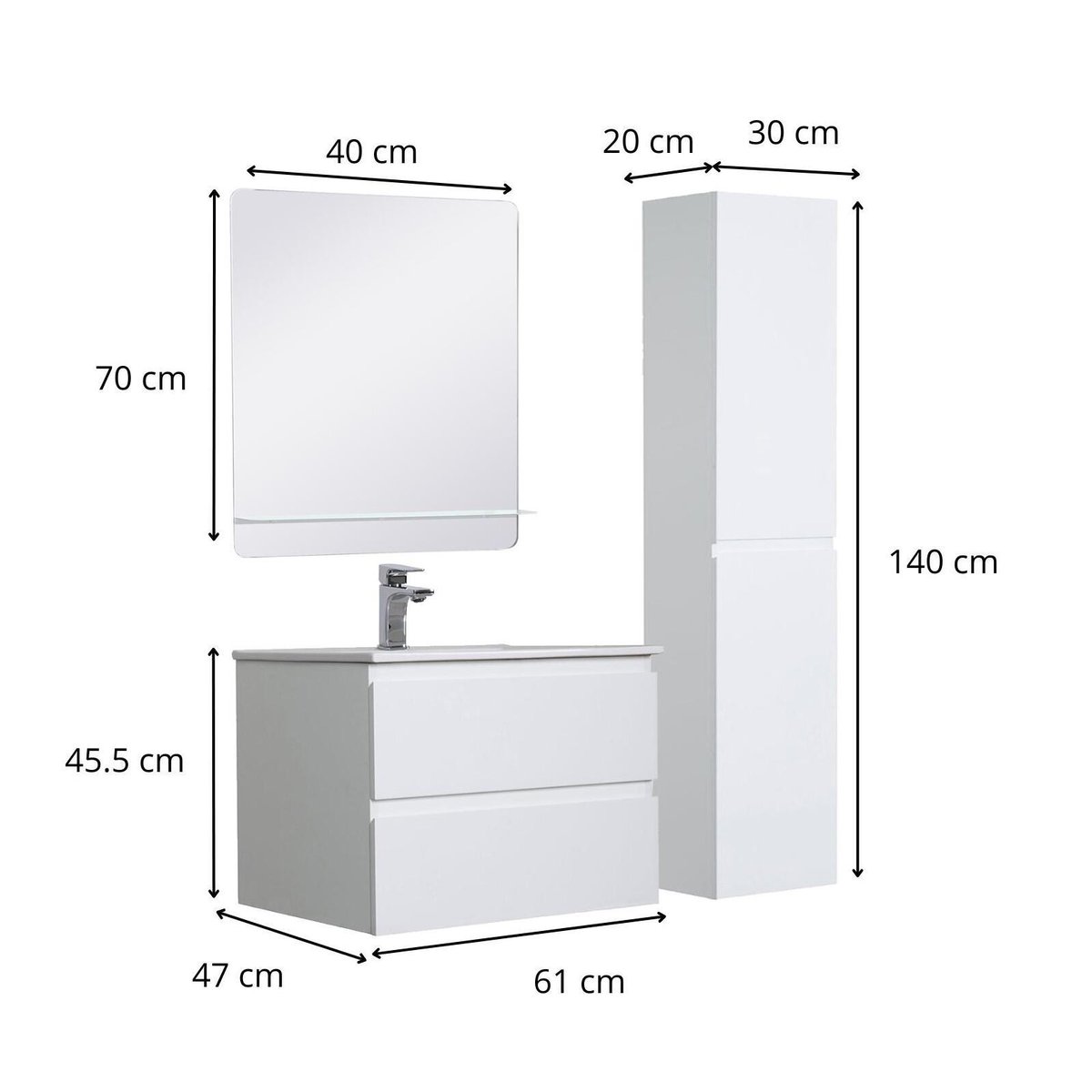 Ensemble meuble simple vasque 60 cm + robinet + miroir + Colonne SORRENTO blanc brillant, MOB IN