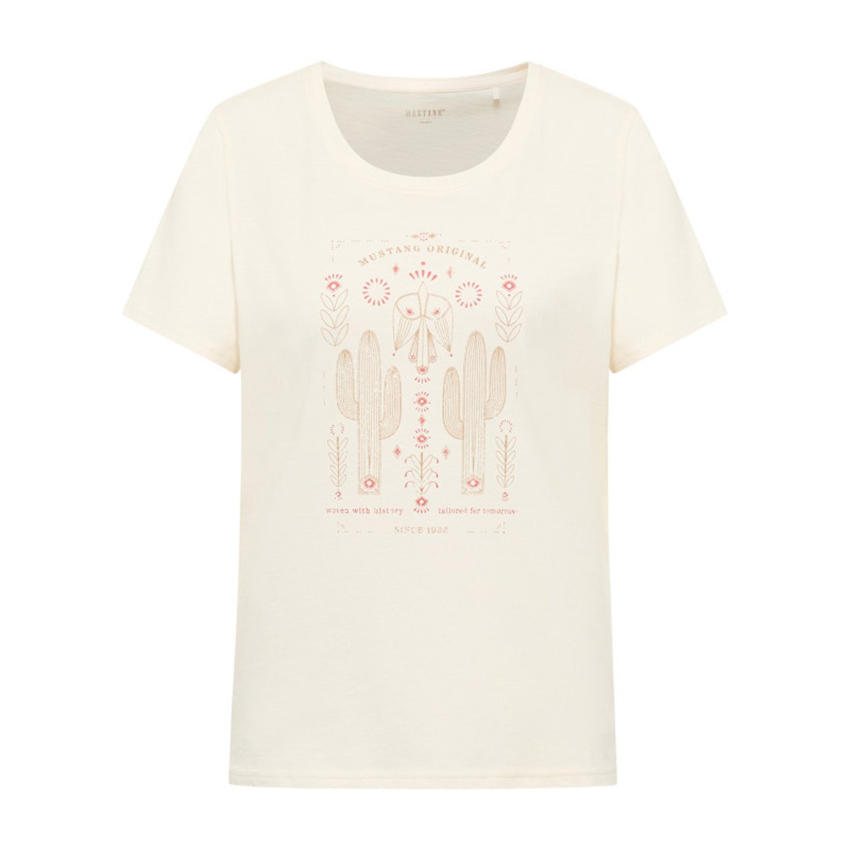 T-shirt en coton écru uni pourvu d'un col rond et d'une coupe droite beige, MUSTANG