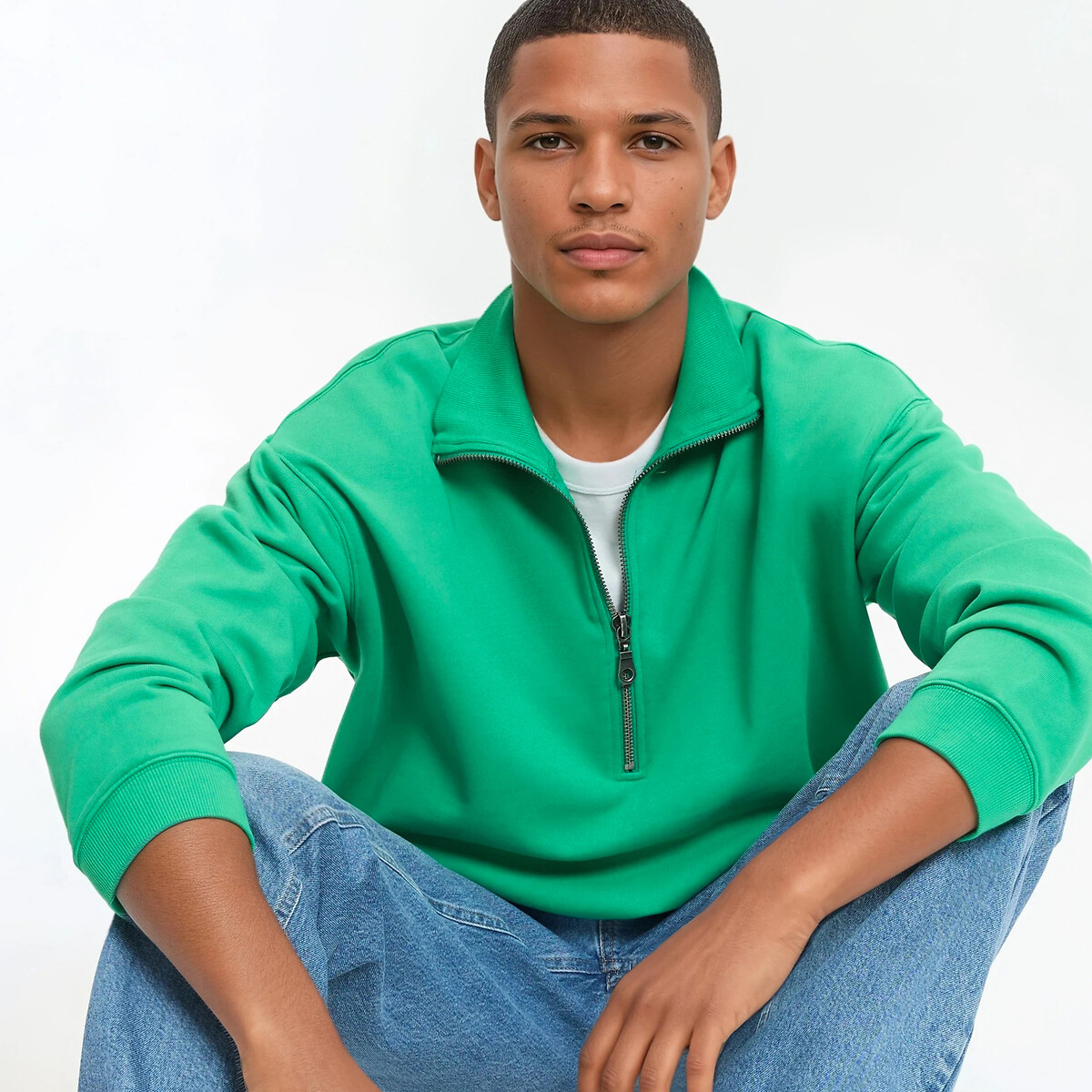 Sweat col camionneur zippé stonewashed, effet délavé, Signature vert, LA REDOUTE COLLECTIONS