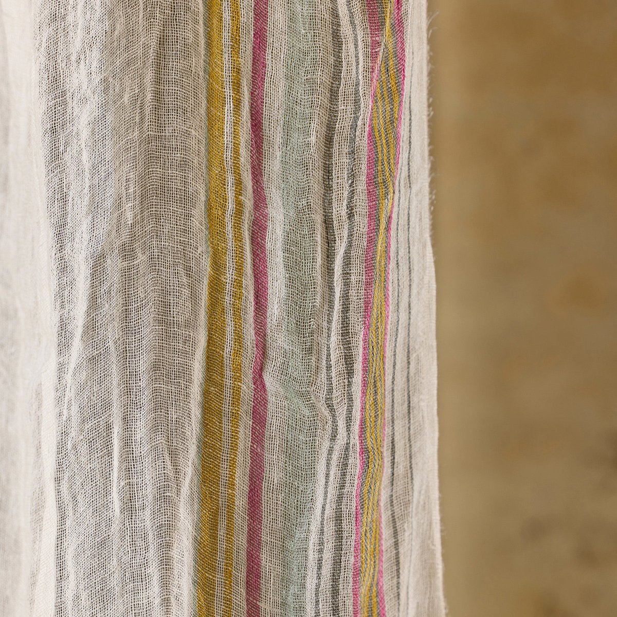 Voilage Panneau en Voile de lin rayé et franges nouées JIYA blanc et multicolore, MADURA