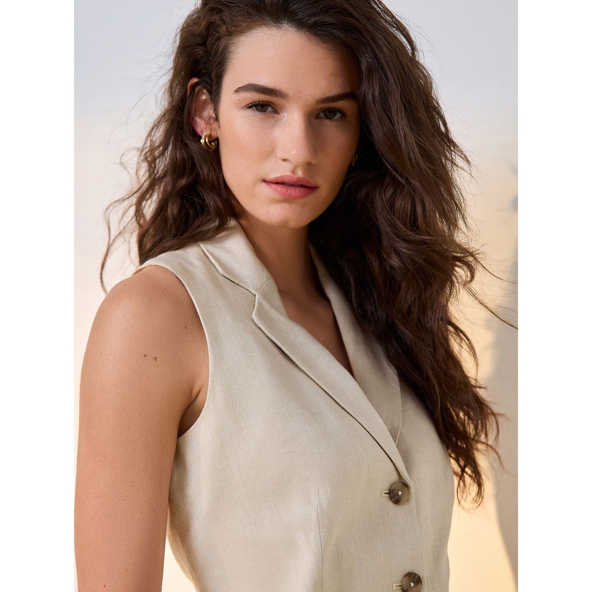 Gilet costume lin majoritaire col beige neutre, NEXT