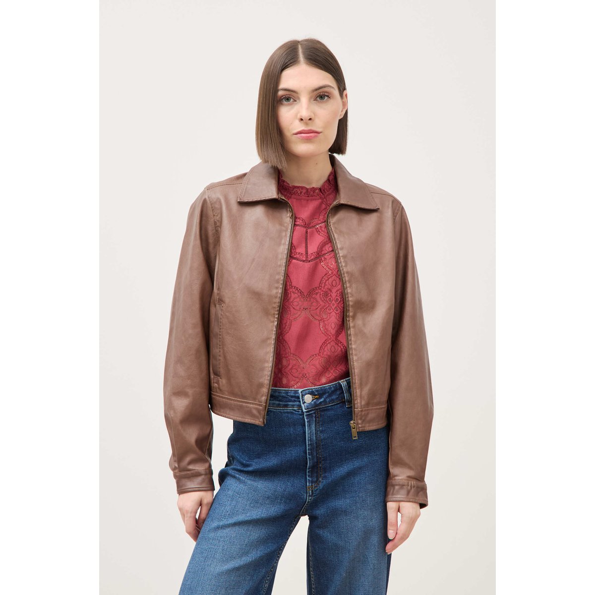Blouson manches longues similicuir marron, BONOBO