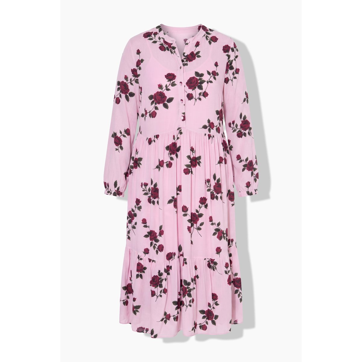 Robe midi, coupe trapèze, imprimé de roses vieux rose, STUDIO UNTOLD