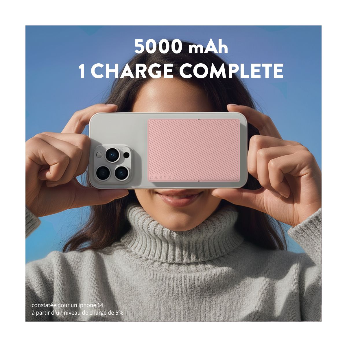 Batterie externe 5000 mAh Qi2 MagSafe avec bequille rose couleur unique, CASYX