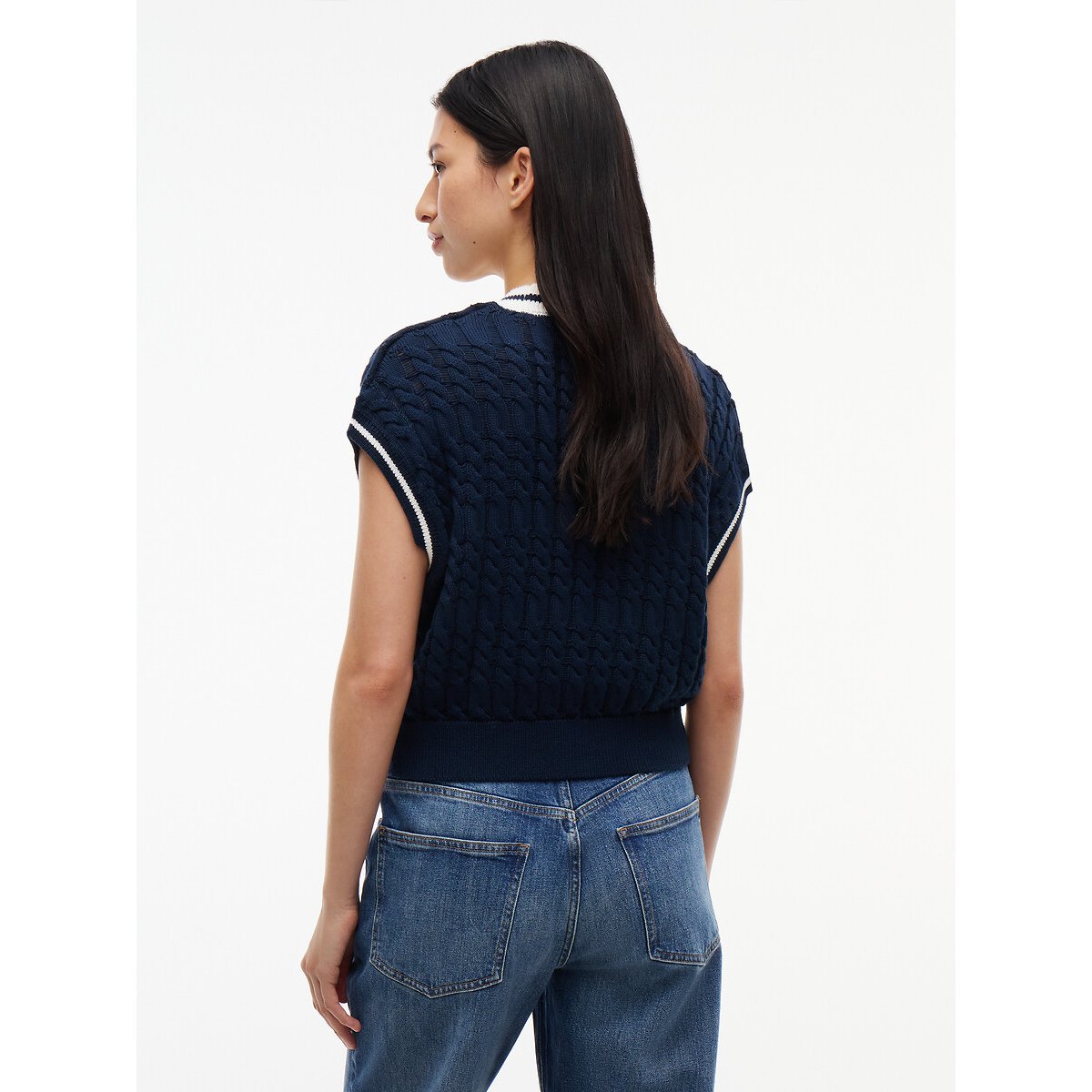 Pull col V à manches courtes marine, TOMMY JEANS