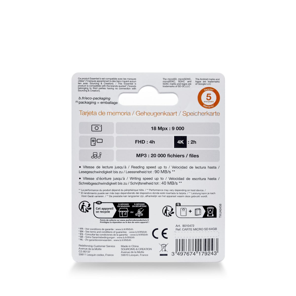Carte Micro SD 64 Go Micro SD couleur unique, ESSENTIEL B