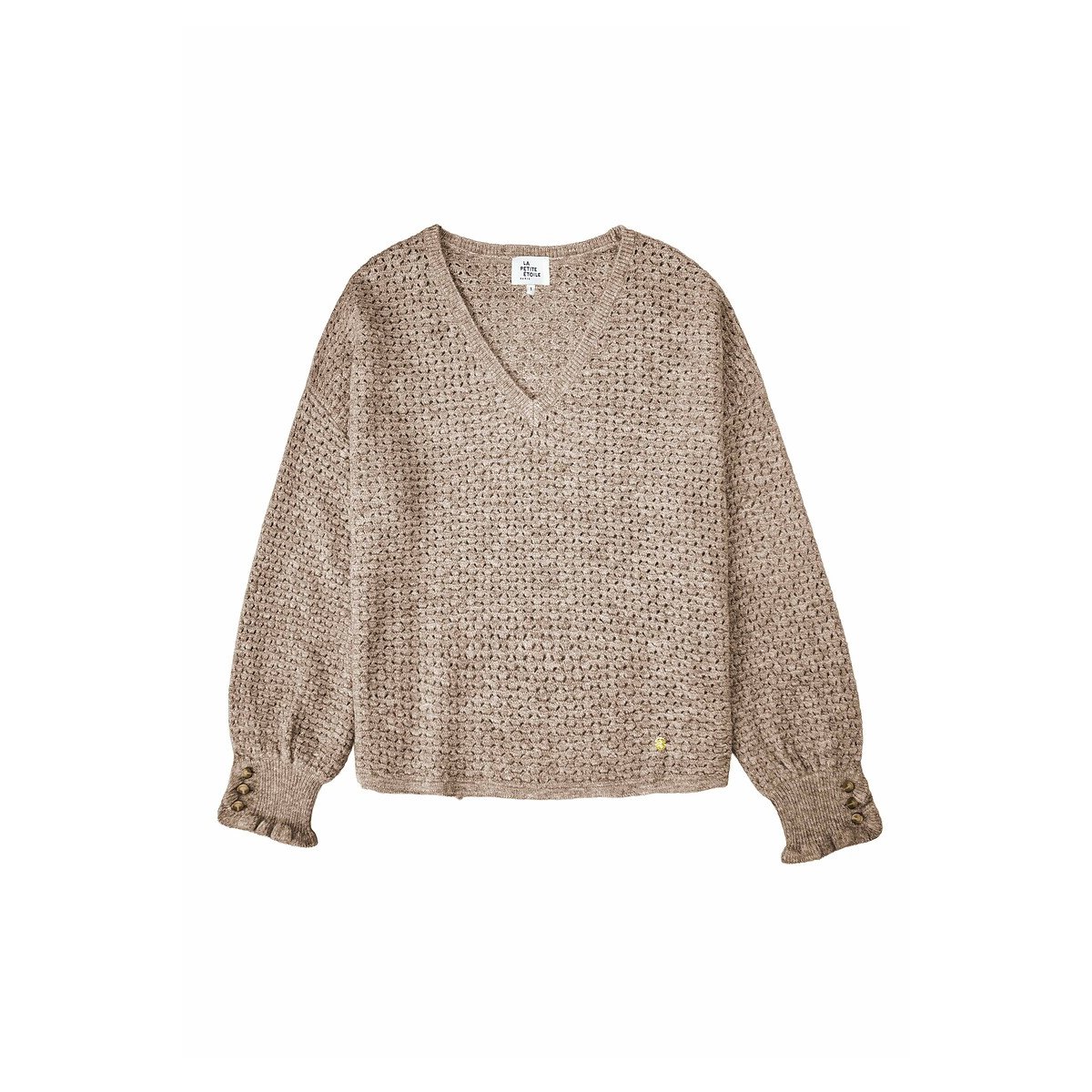 Jersey con cuello en pico y puños con volantes, MANDINE beige              , LA PETITE ETOILE