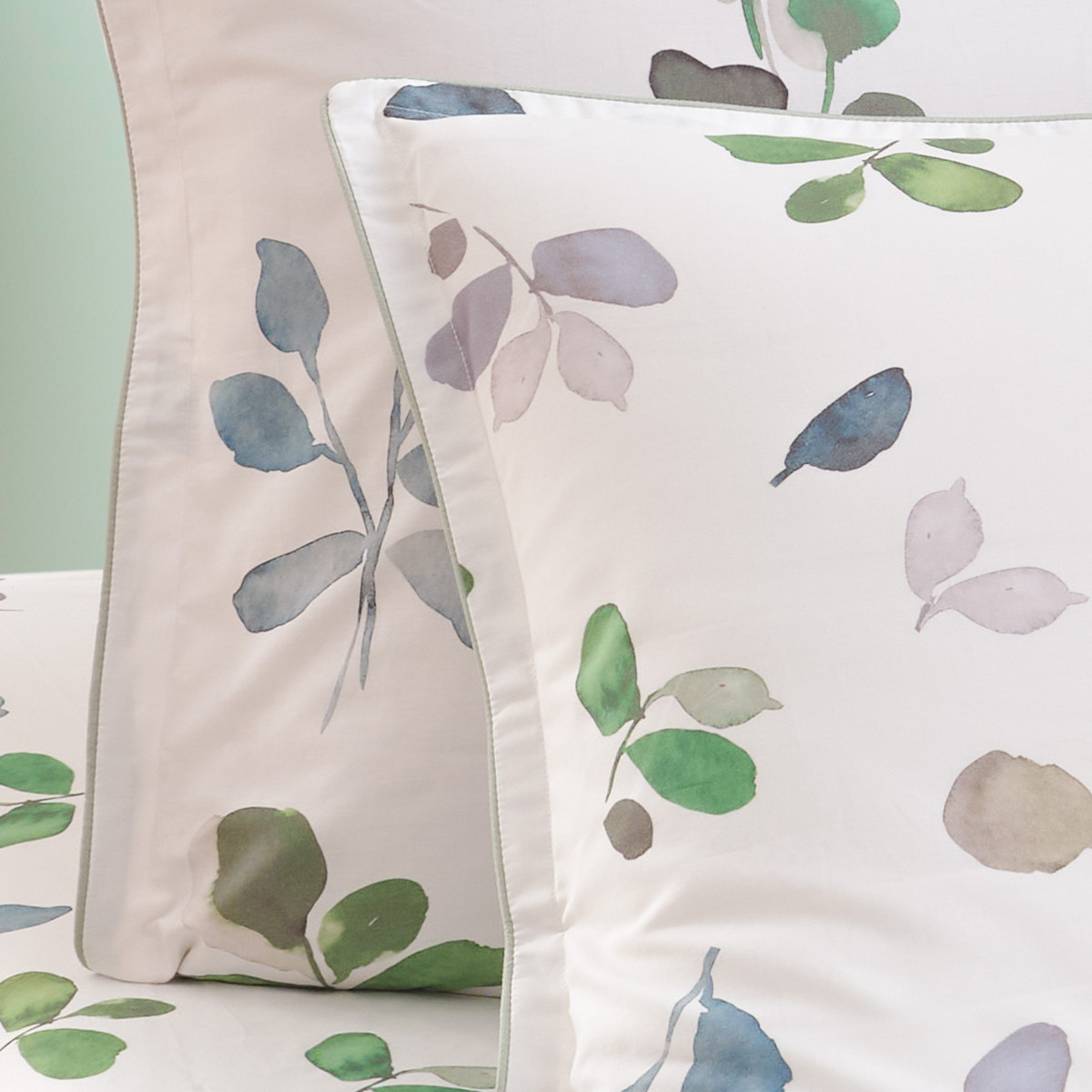Parure housse de couette percale de coton avec 2 taies 50x70 cm BARBARA eucalyptus, SENSEI MAISON