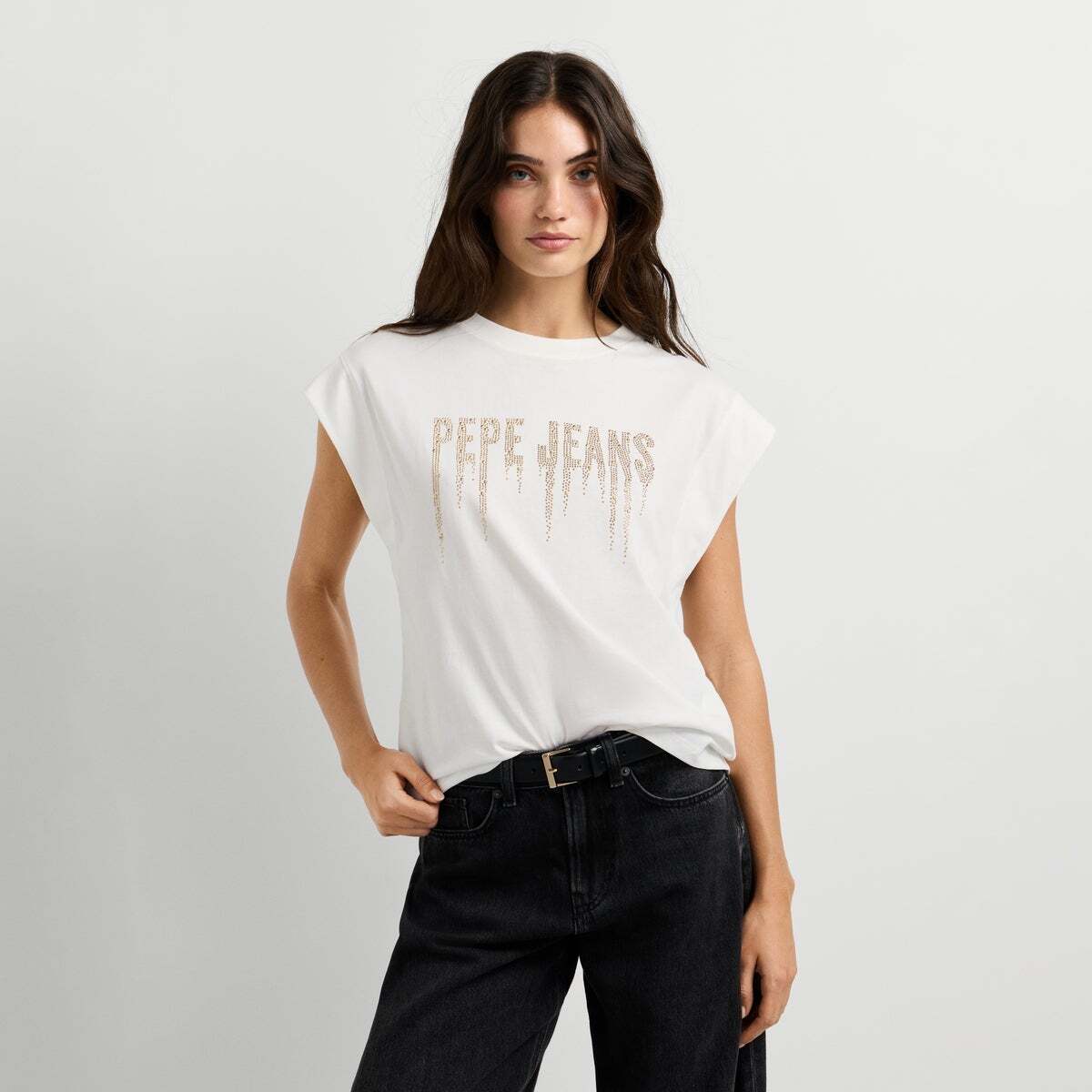 T-Shirt Sans Manches Logo Clous blanche mousse, PEPE JEANS
