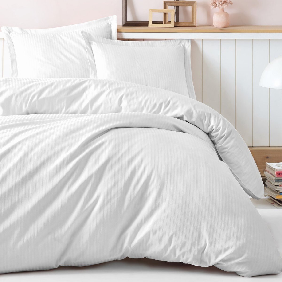 Parure de lit satin de coton unie, Stripe blanc, C DESIGN HOME TEXTILE