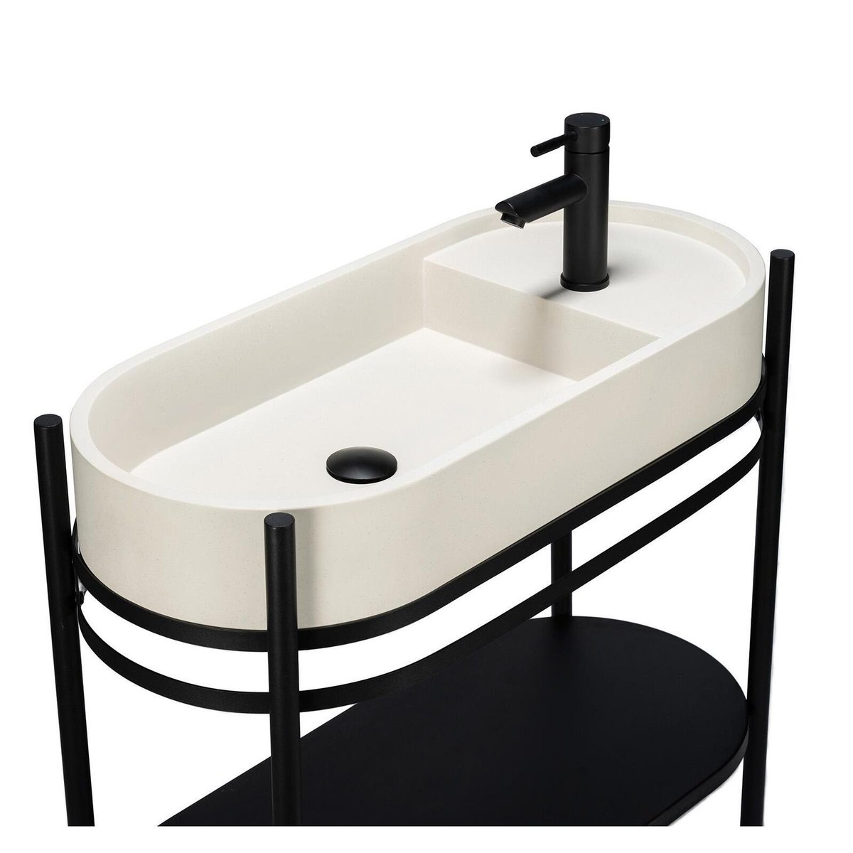 Meuble simple vasque sur pieds 80cm en métal noir et vasque béton et robinet noir et miroir beige, MOB IN