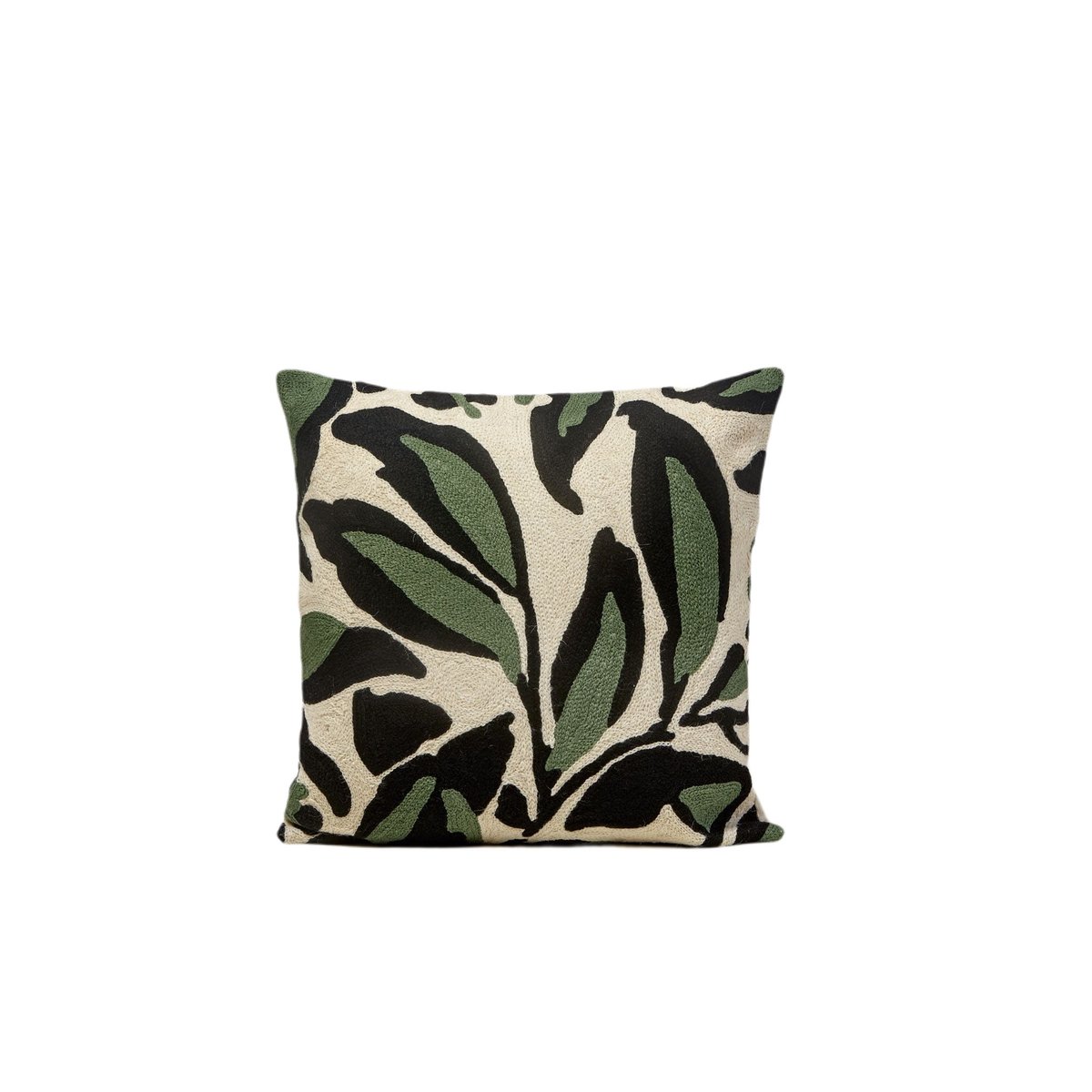 Housse De Coussin en Coton brodé de point de chaînette en fil de laine PHEODORA ivoire et sauge, MADURA
