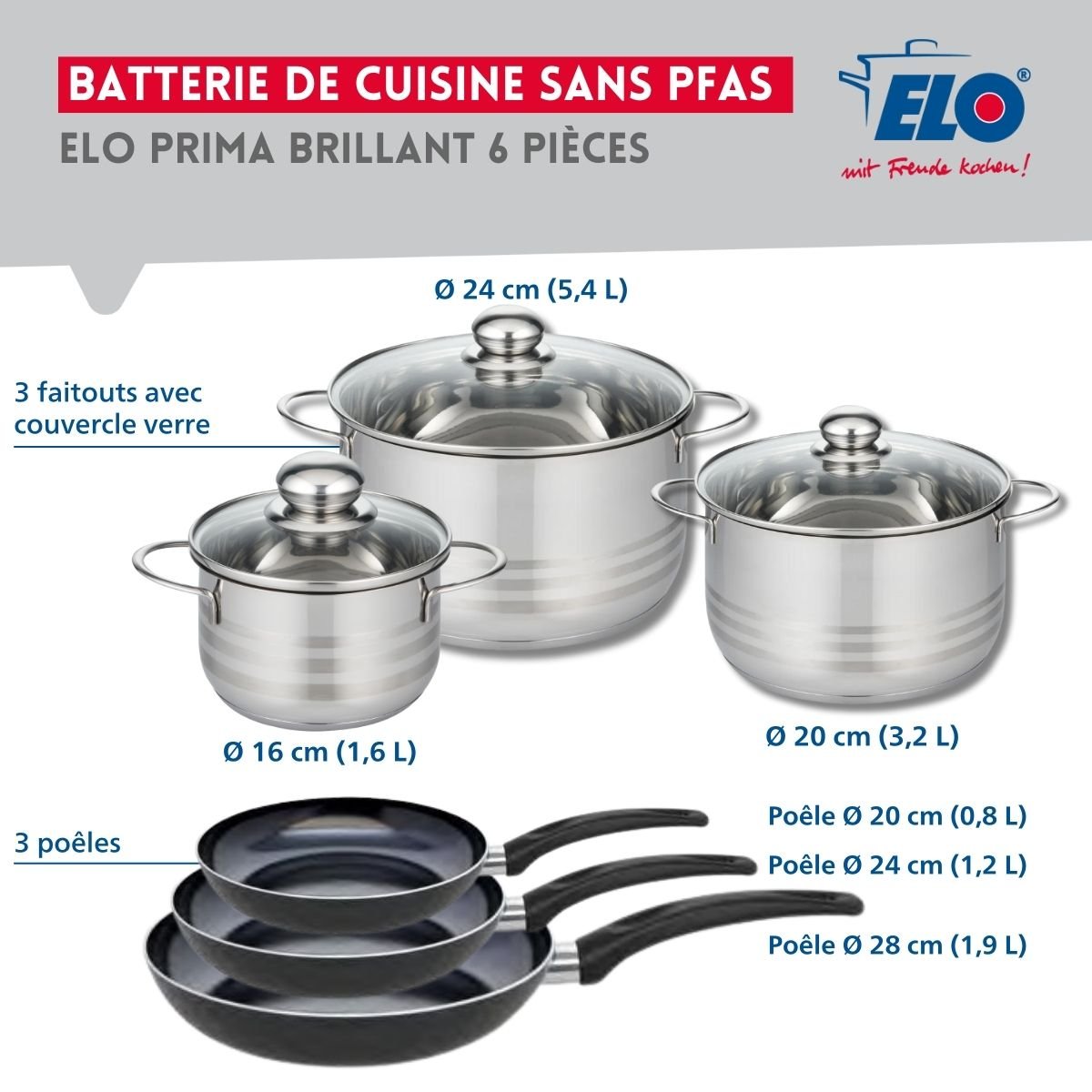 3 poêles 20/24/28cm + 3 faitouts 16/20/24cm PRIMA BRILLANT noir, ELO