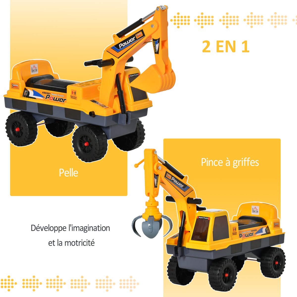 Porteur enfant tractopelle pelleteuse jaune, HOMCOM